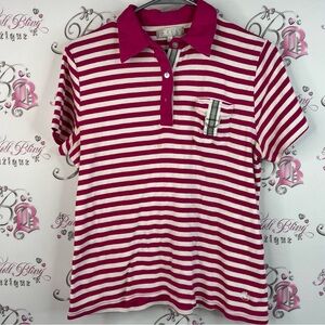 Aziz tshirt tee polo button up Women's Striped Polo Shirt in Pink and White